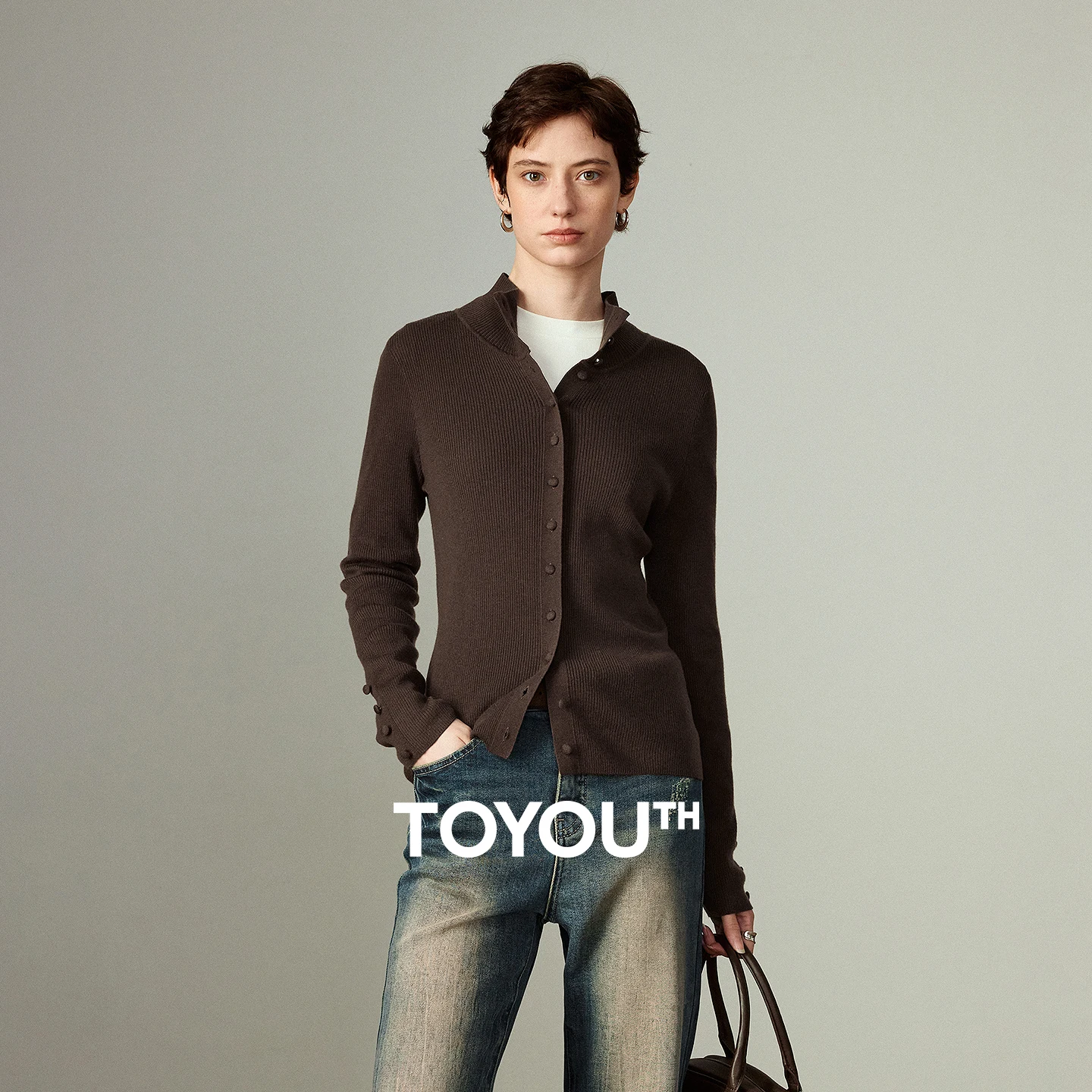 

TOYOUTH Women Knitwear 2025 Winter NewAsymmetric High Neck Slim-Fit Small Cardigan Retro Base-Layer Wool Sweater​