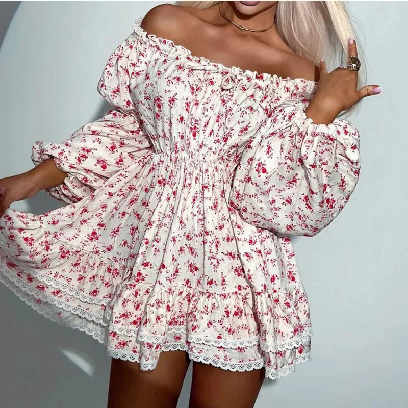 Abito sexy con maniche a sbuffo e spalle scoperte Abito bustier smock aderente con gonna a trapezio con pannello in pizzo a vita alta con stampa di moda
