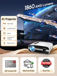 Projecteur Ultra HD 4k avec 1860 Lumens ANSI, pour Home Cinéma, Smart TV Android, Faisceau Lumineux du Jour, Wifi 5G, PK, DLP, lAsEr