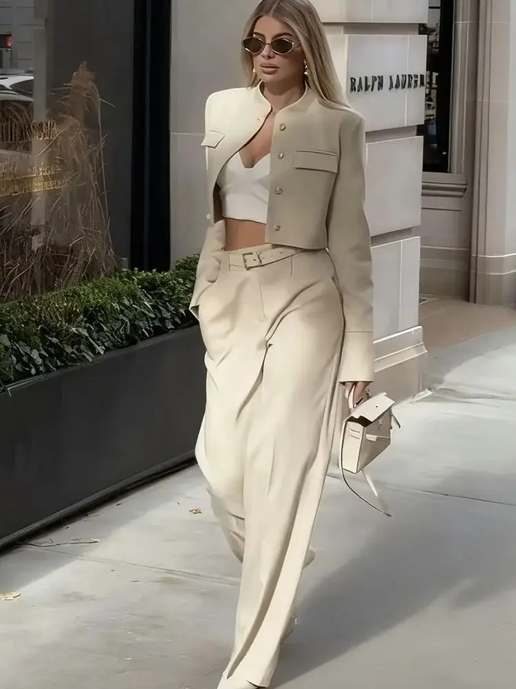 Ensemble Blazer court Beige pour femmes, vestes à simple boutonnage, col rond, mode Streetwear, vêtements d'extérieur élégants pour dames de bureau, nouvelle collection