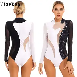 Women Shiny Rhinestones Mesh Ballet Dance Leotard Figure Skating Gymnastics Acrobatics Bodysuit Stage Performance Dancewear