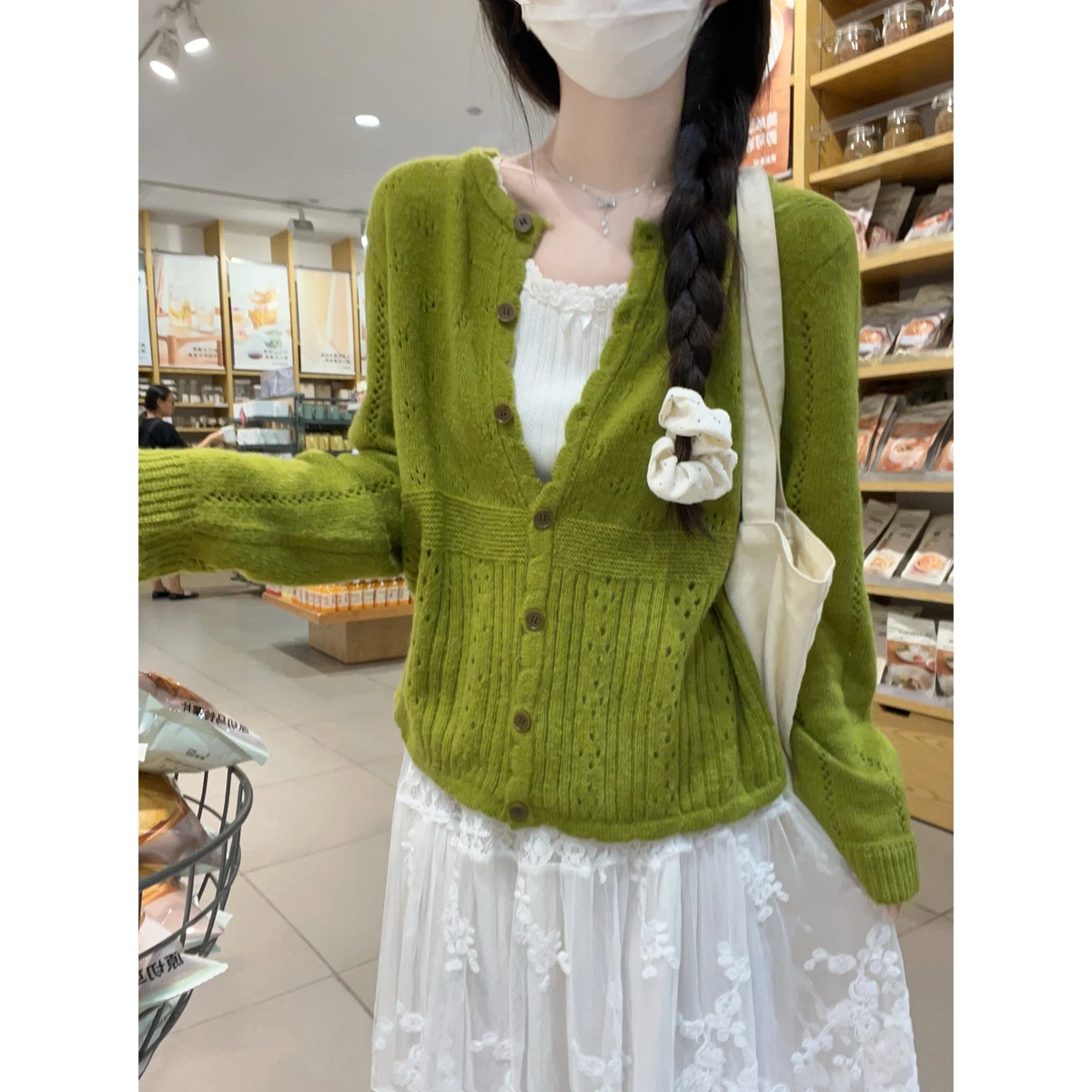Women's Autumn Winter Knitted Sweater Chic Versatile Sweet Hollow out Lace Loose Mohair Open Cardigan round Ne Top