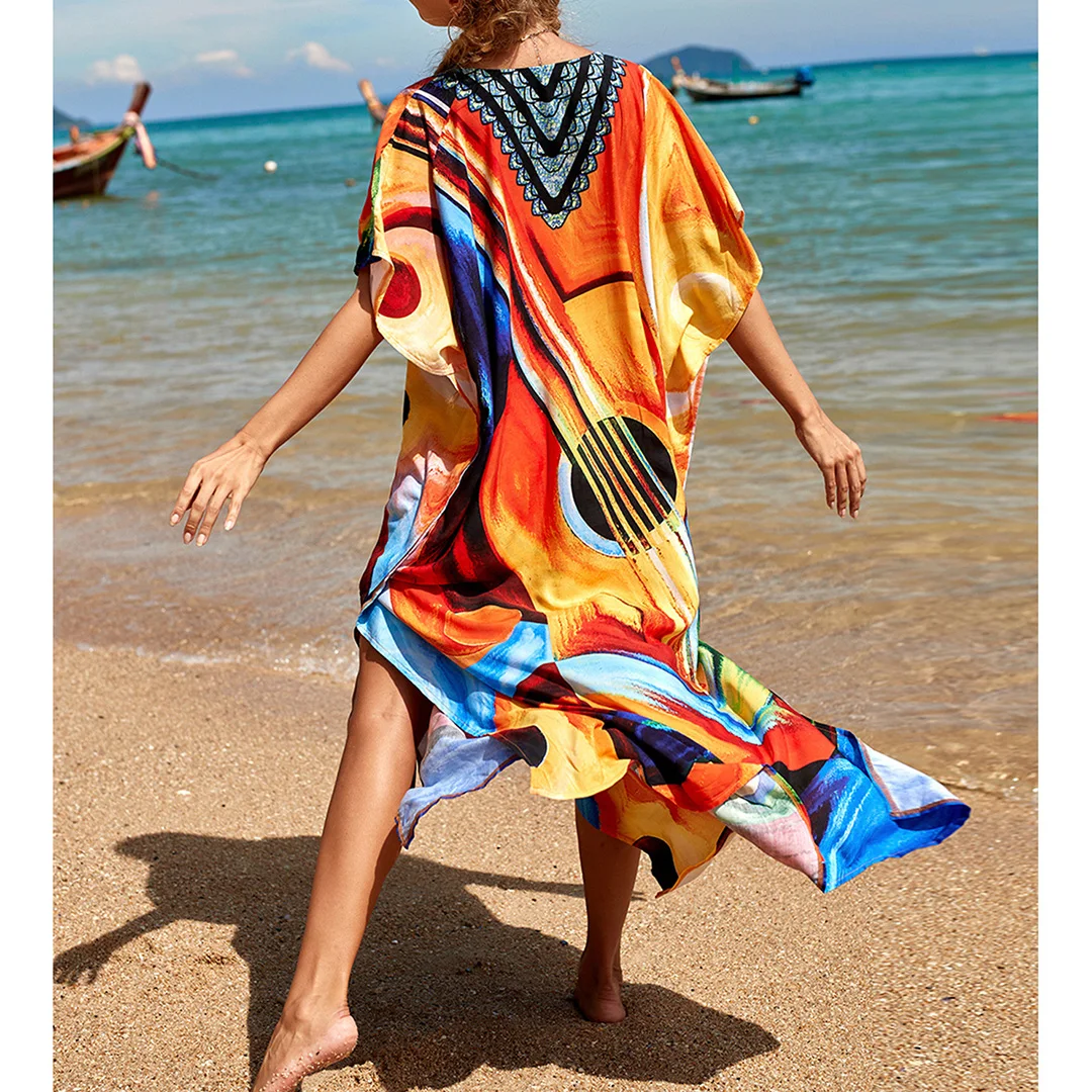2026 Neues Buntes Kaftan-Tunika Strandkleid Strandmode Strandüberwurf Locker Sitzendes Maxikleid für Damen V4428 – Detail 12