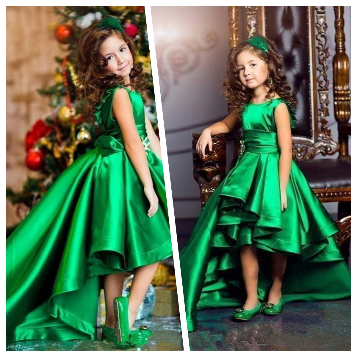 Formal Emerald Green Satin Flower Girls Dresses Crew Neck Cap Kids Celebrity Dresses Girls Pageant Gowns Flower Girl Dresses