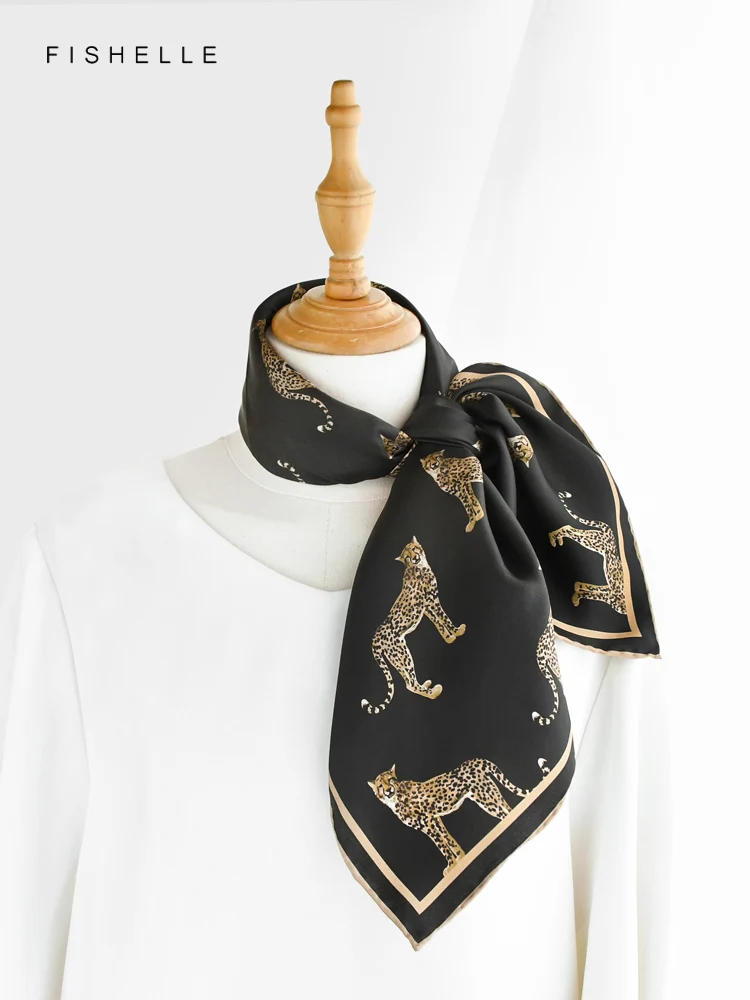 Black leopard printed natural silk scarves real silk hijab twill silk spring autumn lady luxury gifts woman handkerchief