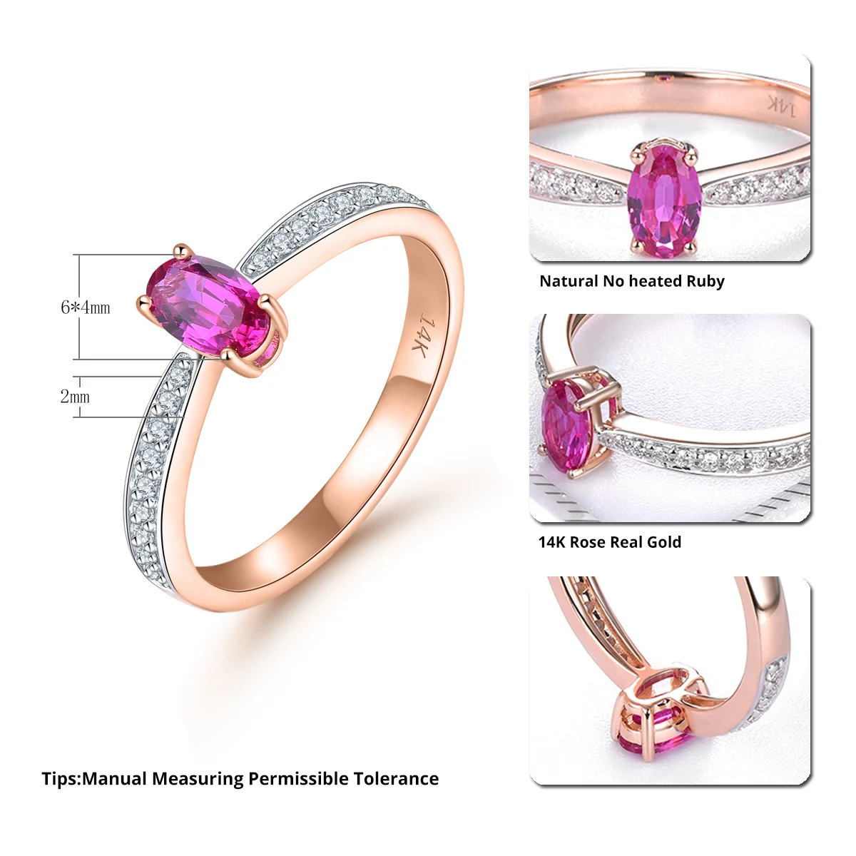 Lohaspie 14K Rose Gold Natural No Heated Ruby & Diamond Ring 0.583 Carats Genuine Gemstone Romantic Style Fine Jewelry for Women