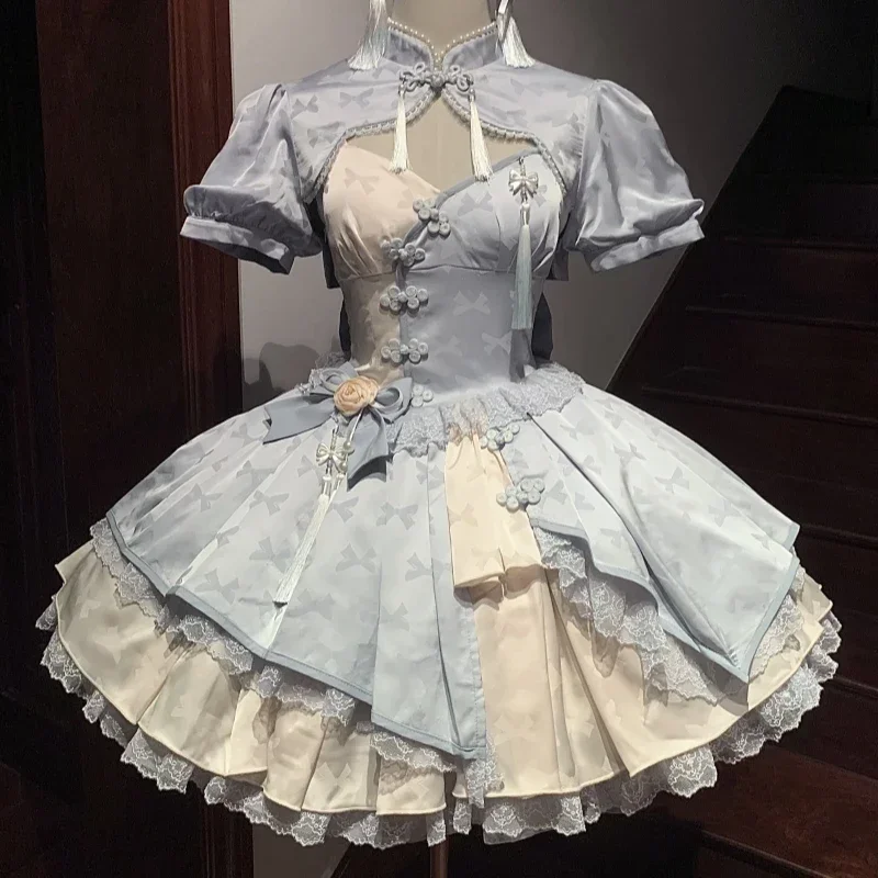 2025 novo doce renda borla estilo chinês elegante moda rosa azul cosplay mini vestido y2k japonês lolita vestido