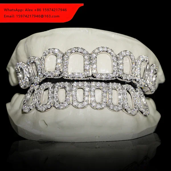 Cusstom Fine Jewelry Hip Hop Moissanite Grillz Custom 925 Silver Iced VVS Moissanite Diamond Open Face Teeth Grillz For Teeth