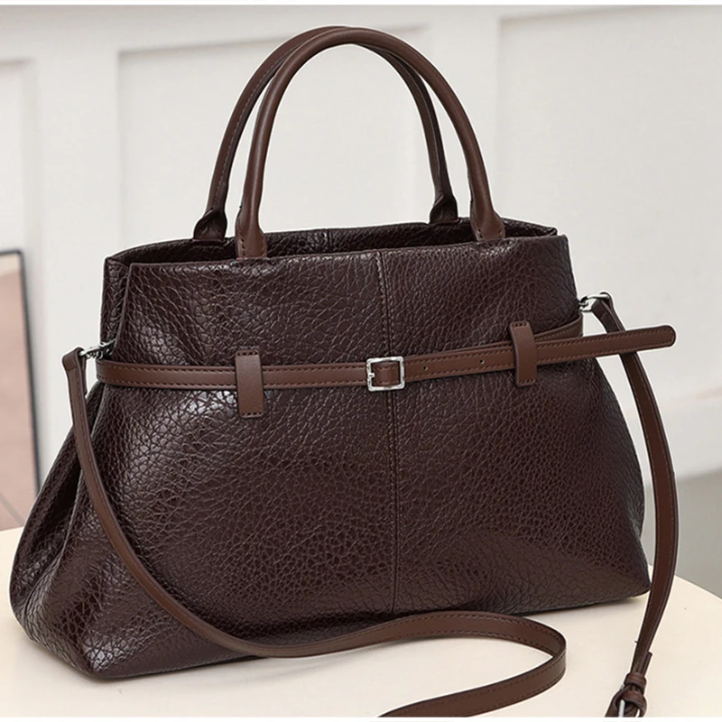 

Brand Soft Leather Handbag For Women, Exquisite Belt Buckle Design Shoulder Bag, Trapezoid Top Handle Crossbody Bag With Wallet