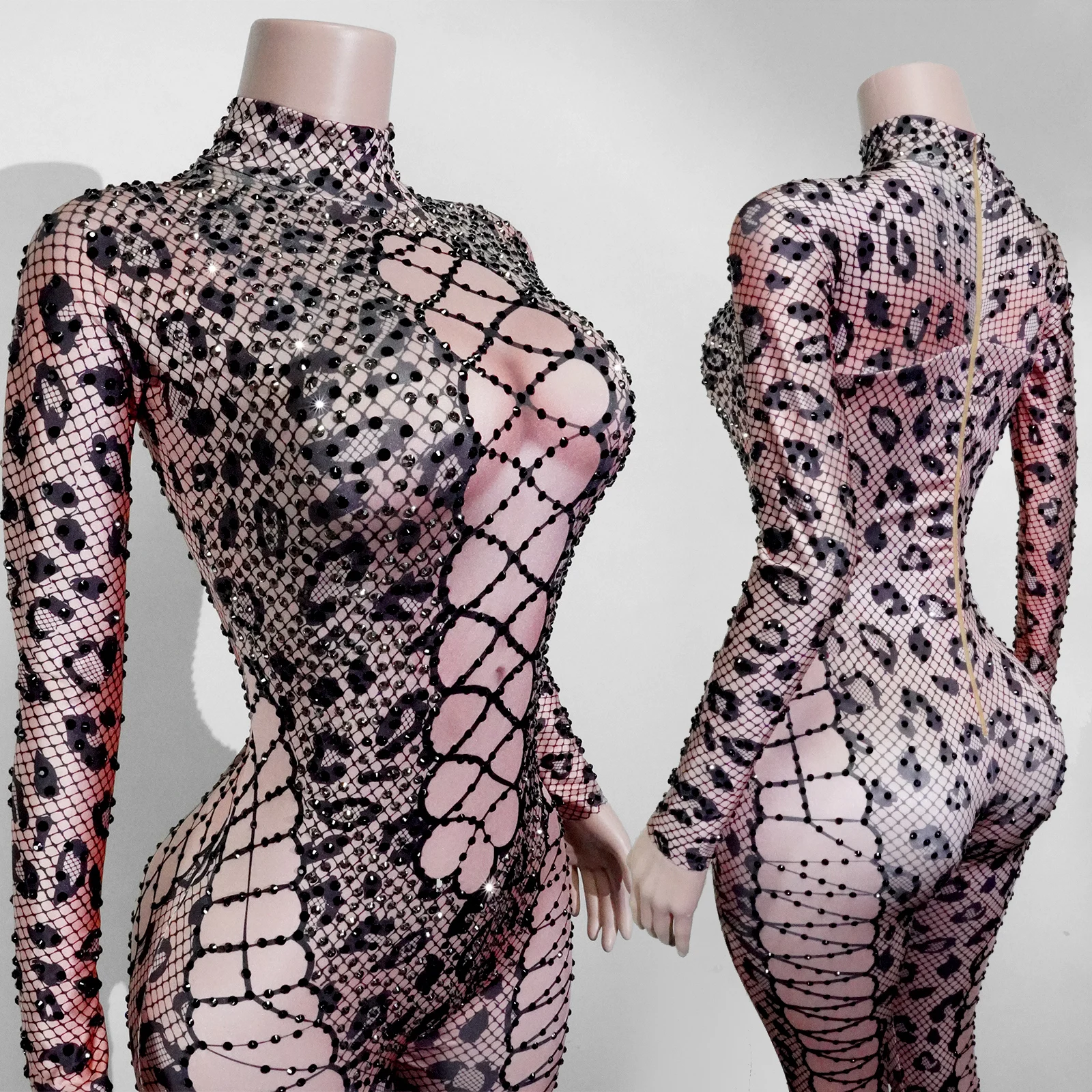Sexy leopardo impressão net vestido apertado para mulher de manga comprida corte rendas vestido apertado para clubes festas e discotecas