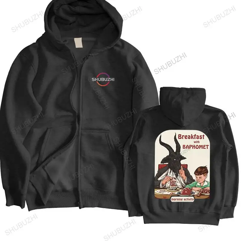 

Classic Breakfast With Baphomet zipper Men hooded coat Cotton hoody Leisure Devil Satan Demon Goat sweatshirt Top pullover