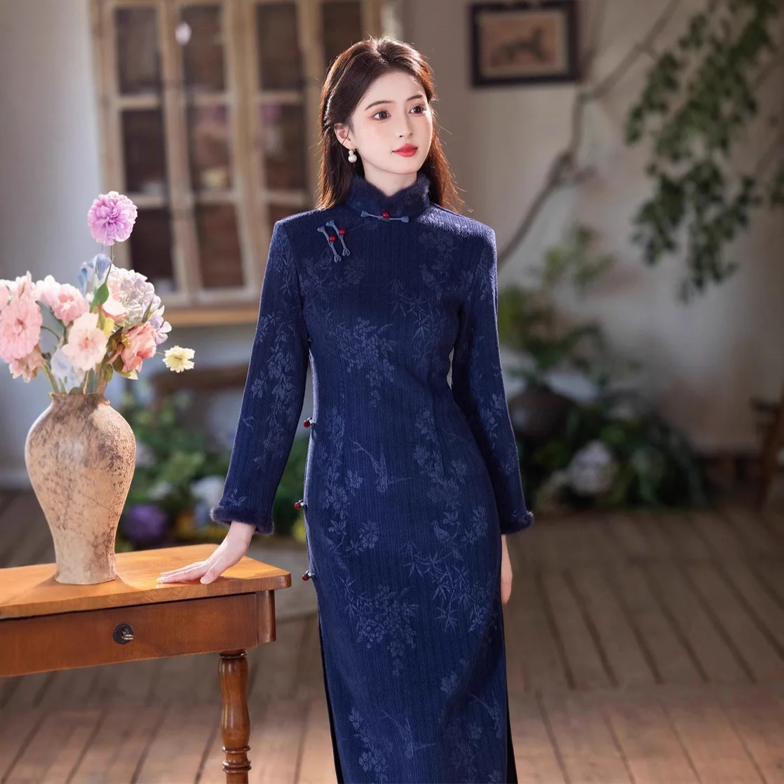 

Yourqipao 2025, зимнее темно-синее плюшевое утепленное длинное платье Ципао в традиционном китайском стиле для женщин, вечерние