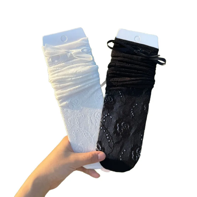 2025年 女性用 花柄レース フィッシュネット サイハイ ボウノット ハイソックス 和風 JK ガール スイートレース トリム フリル付き ニーハイソックス