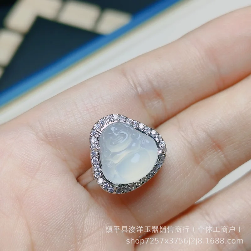 Silver-plated with ice pendant, white agate, elegant style, Maitreya Buddha jade ring women, gift