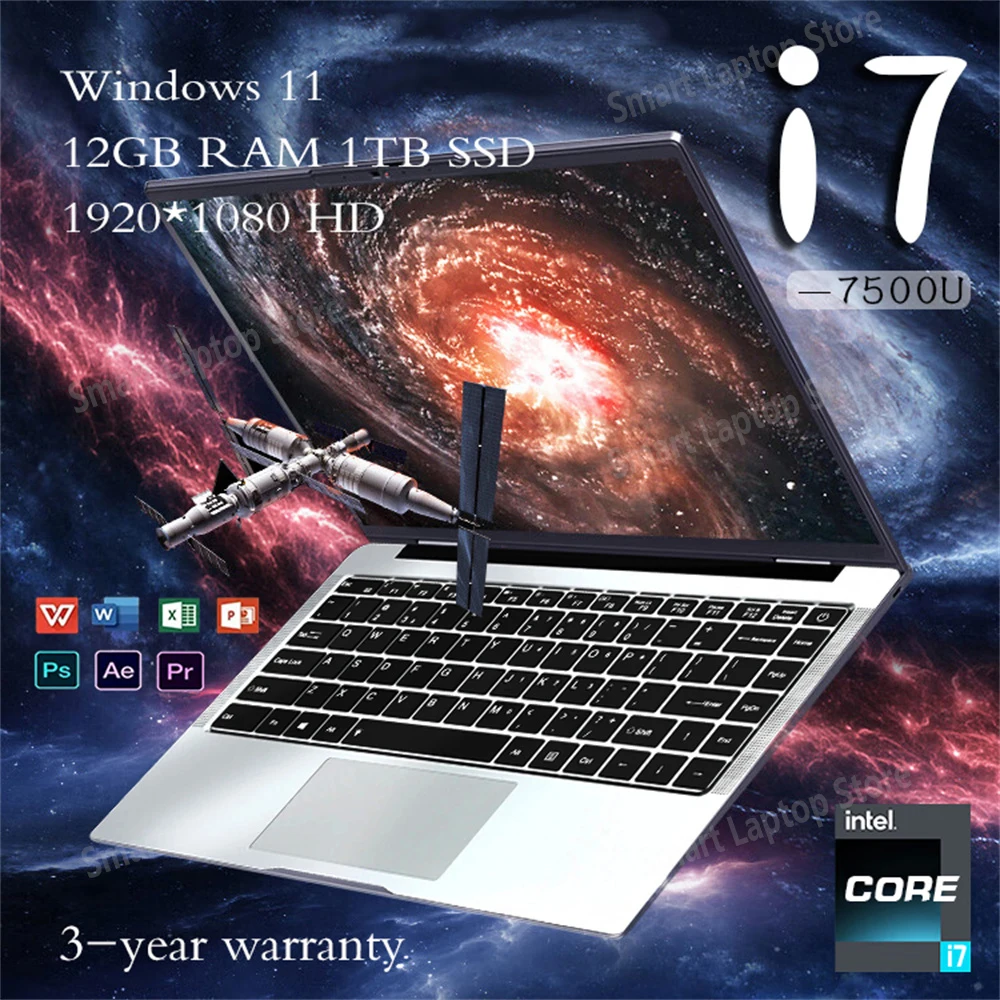 14.1'' Office Study Laptop Computer Windows 11 12GB DDR4 512GB SSD Intel Core i7 7500U Unlock Notebook PC Computer FHD Display