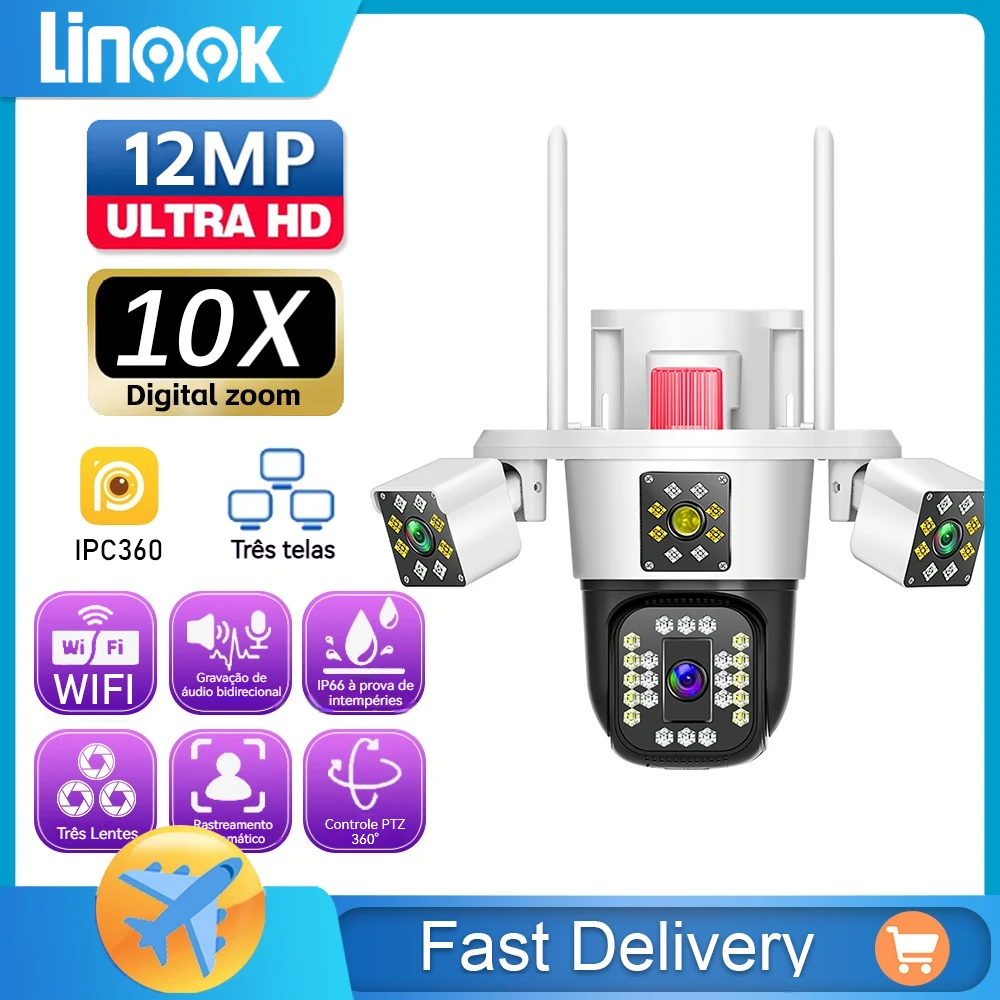 Câmera de vigilância Linook WiFi, 12MP, 6K, 360,3 lentes, câmera WiFi externa CCTV, câmera IP, câmera de segurança PTZ