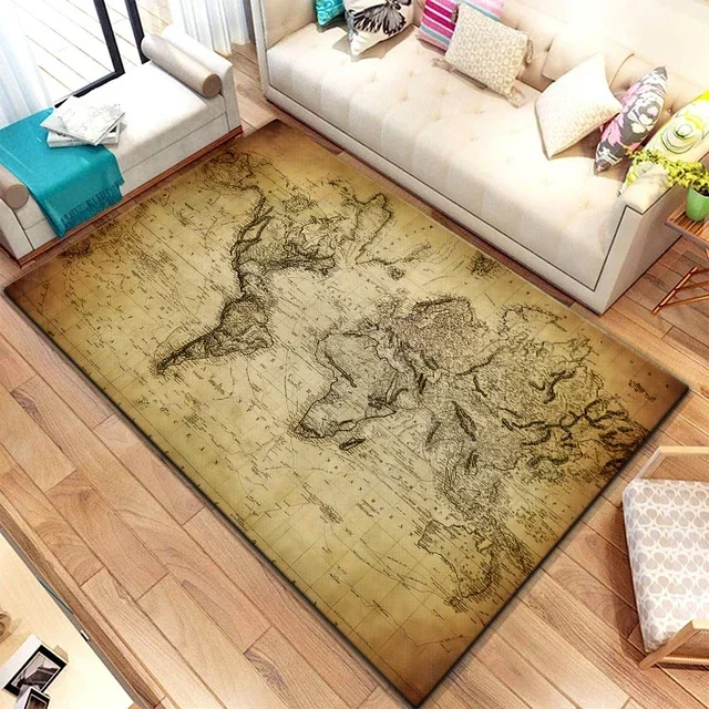 Ancient World Map Carpet for Children,Living Room Bedroom Floor Mat, Children's Bedroom Mat Home Area Bedroom Decoration