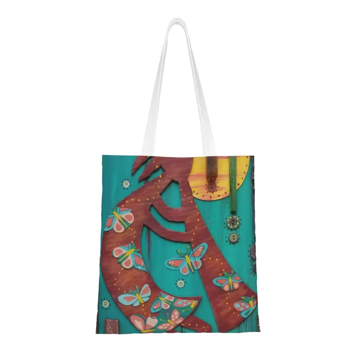 Custom Kokopelli The Flute Player Shopping Bag Canvas Shoulder Tote Bag Aboriginal Tribal Pattern Groceries Shopper Bags