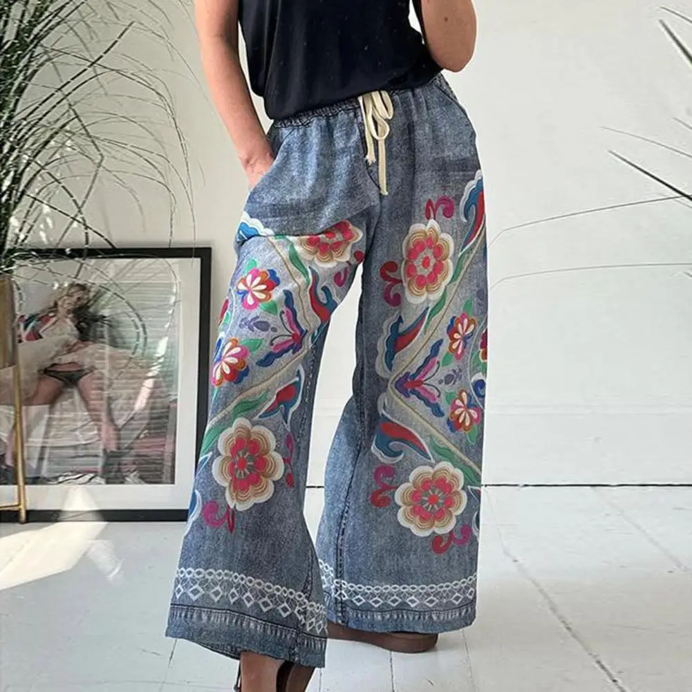 

Lace-up Trousers Exaggerated Printed Design Wide-leg Trousers Women's Elastic Waist Pants with Pockets Imitation Denim Fashion