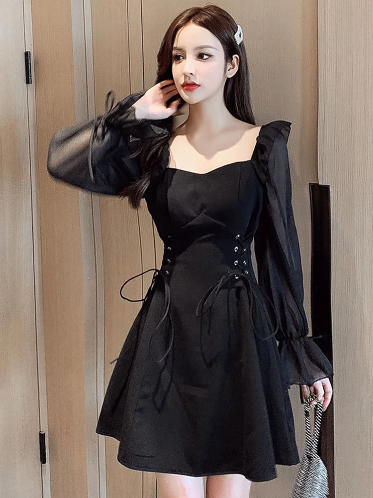 韓国スタイルコケットドレス女性のセクシーなサテンシフォンブラックドレスエレガントなホリデーパーティードレスカジュアル特別な機会