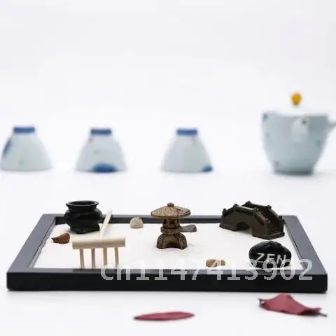 

Tabletop Meditation Sand Zen Garden - Desktop Meditating Mini Zen Garden with Incense, Bamboo Rakes, Bridge, Nature Stone