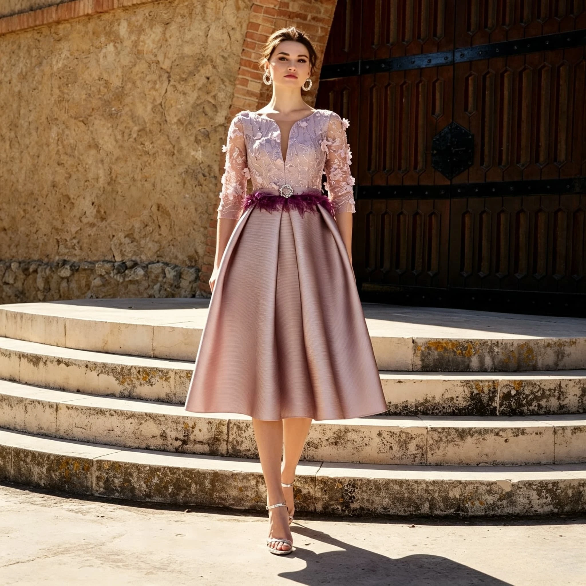 Customized Dusty Pink A Line Mother of The Bride Dress Lace Floral 3/4 Sleeve Satin Wedding Party Formal Gown for Women