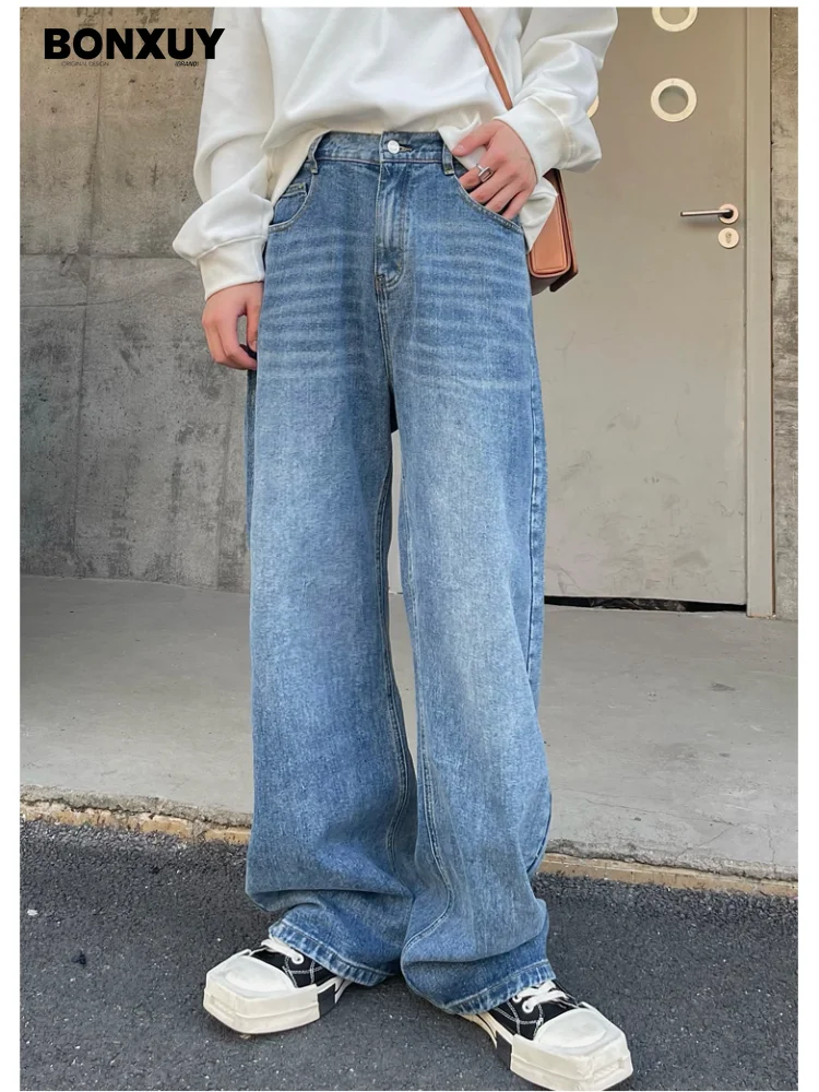 

BONXUY Light blue straight jeans for men, loose washed, versatile retro casual long pants, ins trend