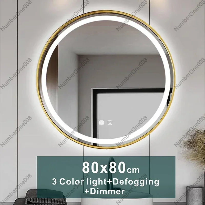 LED Makeup Mirror with Lights, 3 Color Backlit Dimmable Anti Fog Bathroom Vanity Mirror, Gold Frame Round Wall Mounted 60/70/80