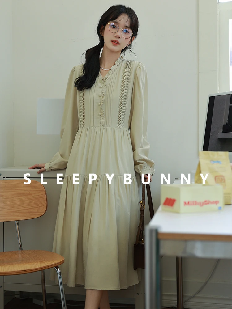 

French Style Long Sleeve Midi Dress Women Spring Ruffle Pleated A-Line Dress Elegant High Waist Vintage Dress Daily Office Look