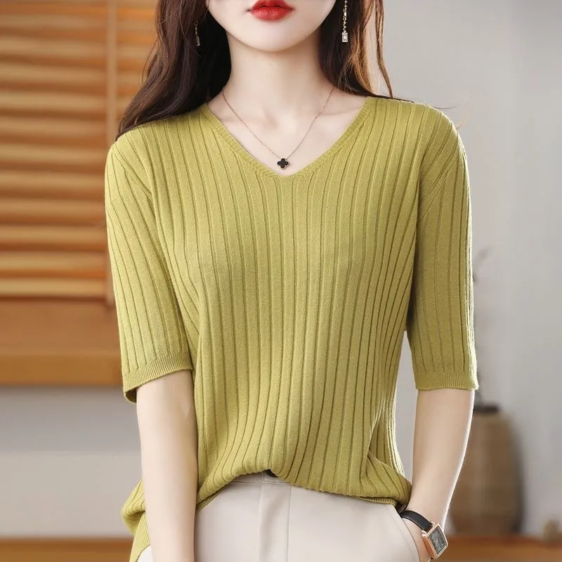 Elegant V-neck Pullover Sweater Spring Summer Ribbed Short Sleeve Top Solid Color Basic Korean Fashion Style Women Clothing