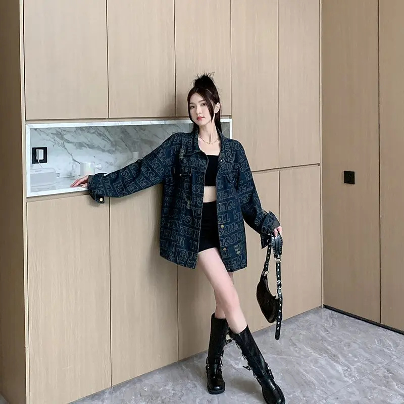 Blouse Jacket Denim Women's Spring/Autumn Letter Print Lapel Collar Loose Fit Niche Comfortable Minimalist Casual Distinctive