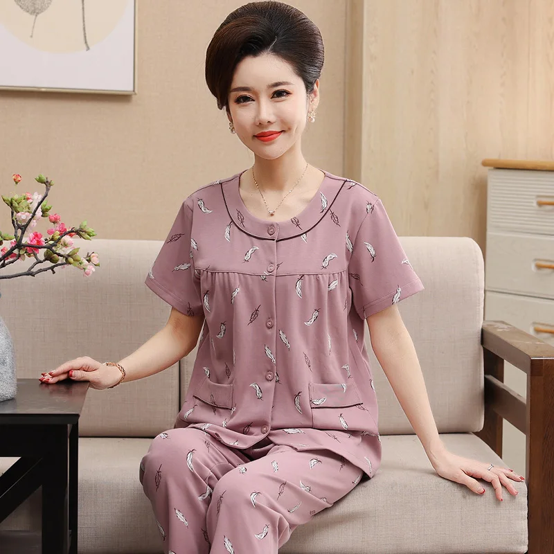 Women O-Neck Cardigan Nightwear Suit Summer Short Sleeve Long Pants Pajamas Stretch Cotton Casual Homewear Print Pijamas Mujer