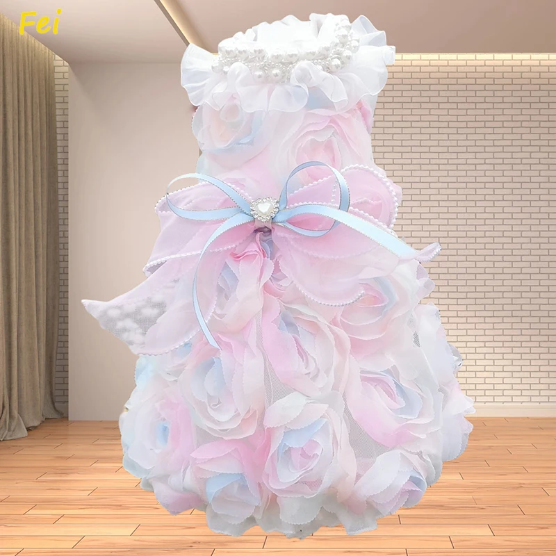 

Floral Pet Dress Chiffon Sleeve - Autumn Home Gown for Cat Puppy Photography, Easter Bridal Party Breathable Dog & Cat Apparel