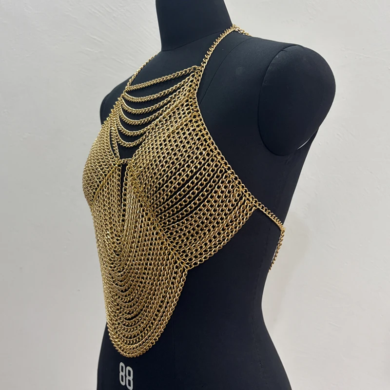 Damen Metall-Kettenhemd-Top, Sexy Ausgeschnittenes Rückenfreies Körperketten-Crop-Top für Rave-Festival-Party-Clubwear in Gold- und Silberfarben – Detail 4