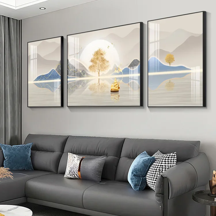 , modern light luxury landscape hanging painting, high-grade atmosphere, good meaning, triptych,