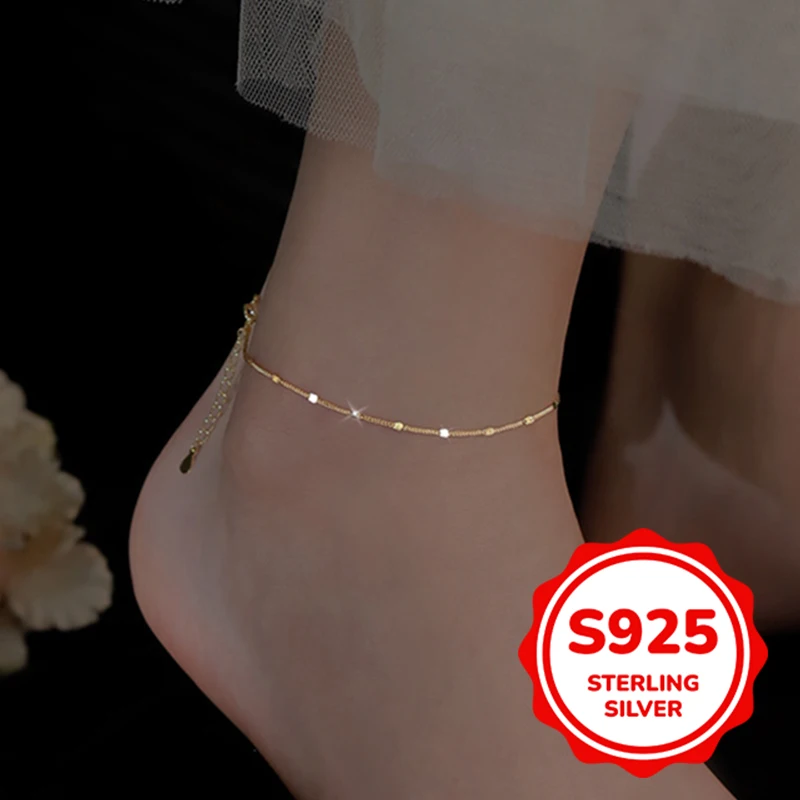 

S925 authentic sterling silver flashing small square anklet for women fashion elegant retro exquisite simple daily holidays