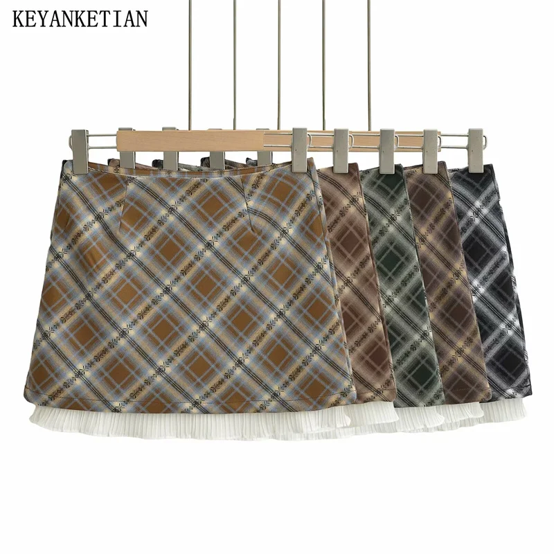 

KEYANKETIAN 2024 New Launch Women's Lace Patchwork Argyle Plaid Skirt Summer Y2K Side Zipper High-Waisted A-Line Mini Skort