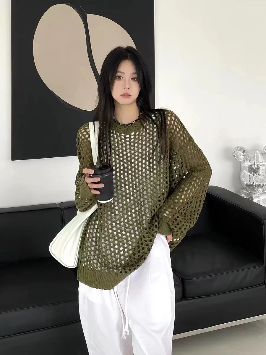 

Lightweight Loose Knitted Hollow out Women's Summer Sun Protection Shirt Unique Elegant Long Sleeve Cover up Top