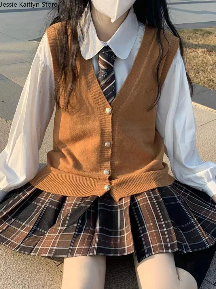 Koreański JK School Girl Uniform kobiety zimowy japoński Kawaii Cosplay mundur ciepła, czarna tweedowy płaszcz i sweter kamizelka komplety mundurków