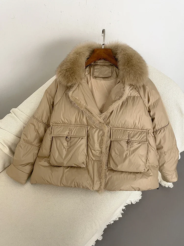 OFTBUY 2024 Winter 90% White Duck Down Fox Fur Collar Women Coat Spliced Thickened Warm Jackets Loose Casual Down Overwears