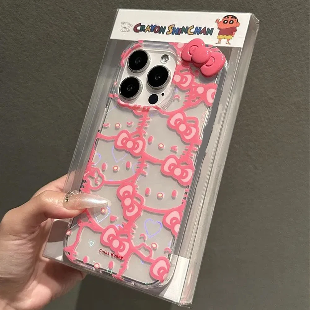 Sanrio Pink lines Hello Kitty Bow Phone Case For iPhone 16 15 14 13 12 11 Pro Max XR XS Max 7 8 Plus MINI Y2K Cartoon Cute Cover