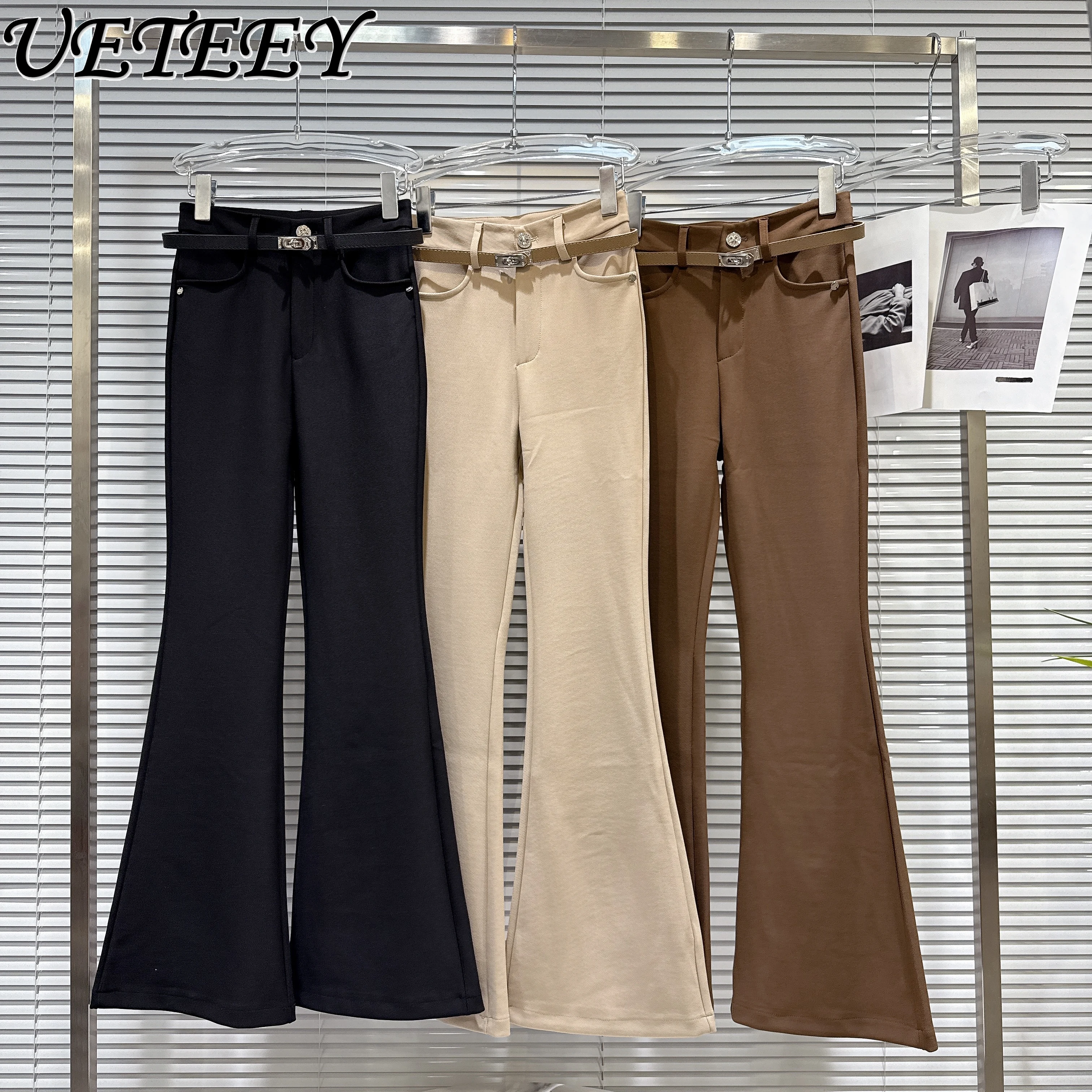 

2025 Autumn New Metal Buckle Slim Waist Belt Elastic Casual Pants High Waist Slim Black Trousers Female Solid Flared Pants