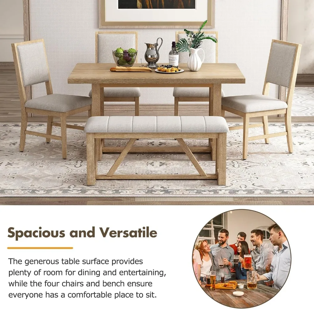 6 Piece Dining Table Set, Farmhouse Kitchen Table Set with 1 Rectangular Table with Design Trestle Base, 4 Upholstered Chairs image 3