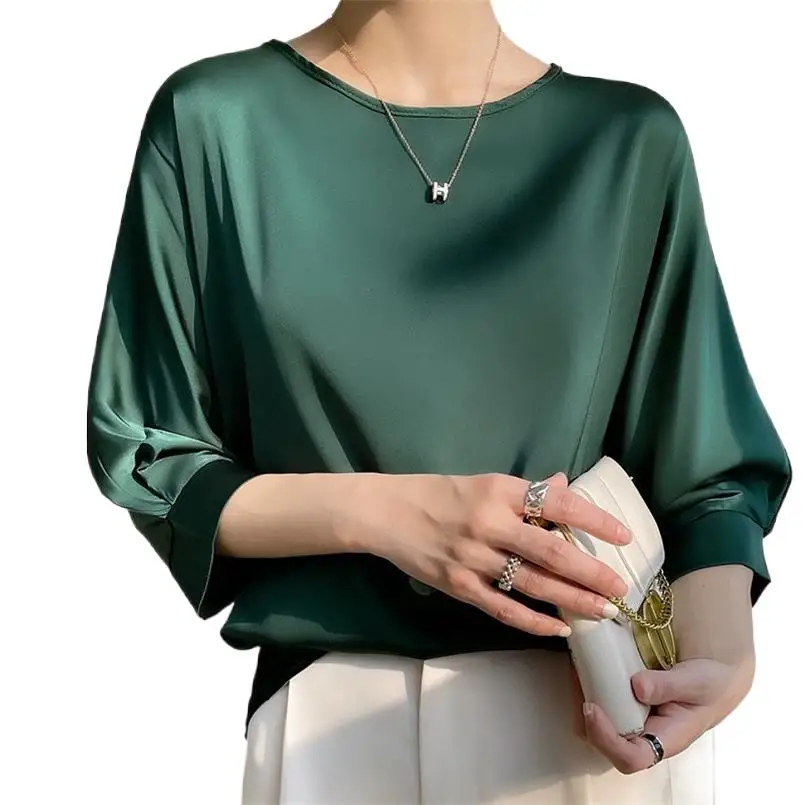 Summer O-neck Three Quarter Sleeve T-Shirt Solid Satin Tops Women Loose Shirt Casual Blouse Plus Size camisas de mujer elegantes