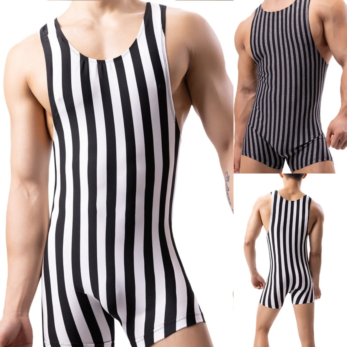Men's New Onesie Vertical Striped Pajamas Sports Onesie Men's Underwear