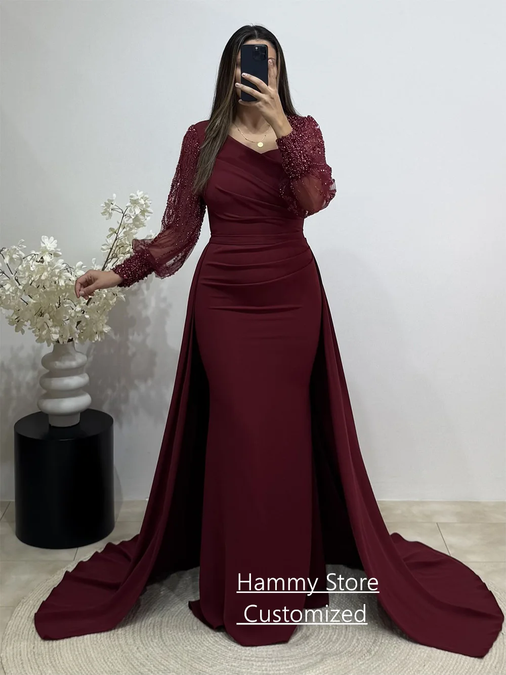 أزياء مساء اللباس مخصص الخامس الرقبة نفخة الأكمام مطرزة اللؤلؤ حورية البحر فستان حفلات قطار للانفصال Fساتين سهلات #6