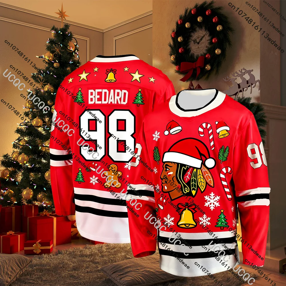 عيد الميلاد تحت عنوان BEDARD No.98 هوكي الجليد رجل جيرسي شيكاغو عيد الميلاد طبعة محدودة الهوكي جيرسي المشجعين هدية الكريسماس تي شيرت #1