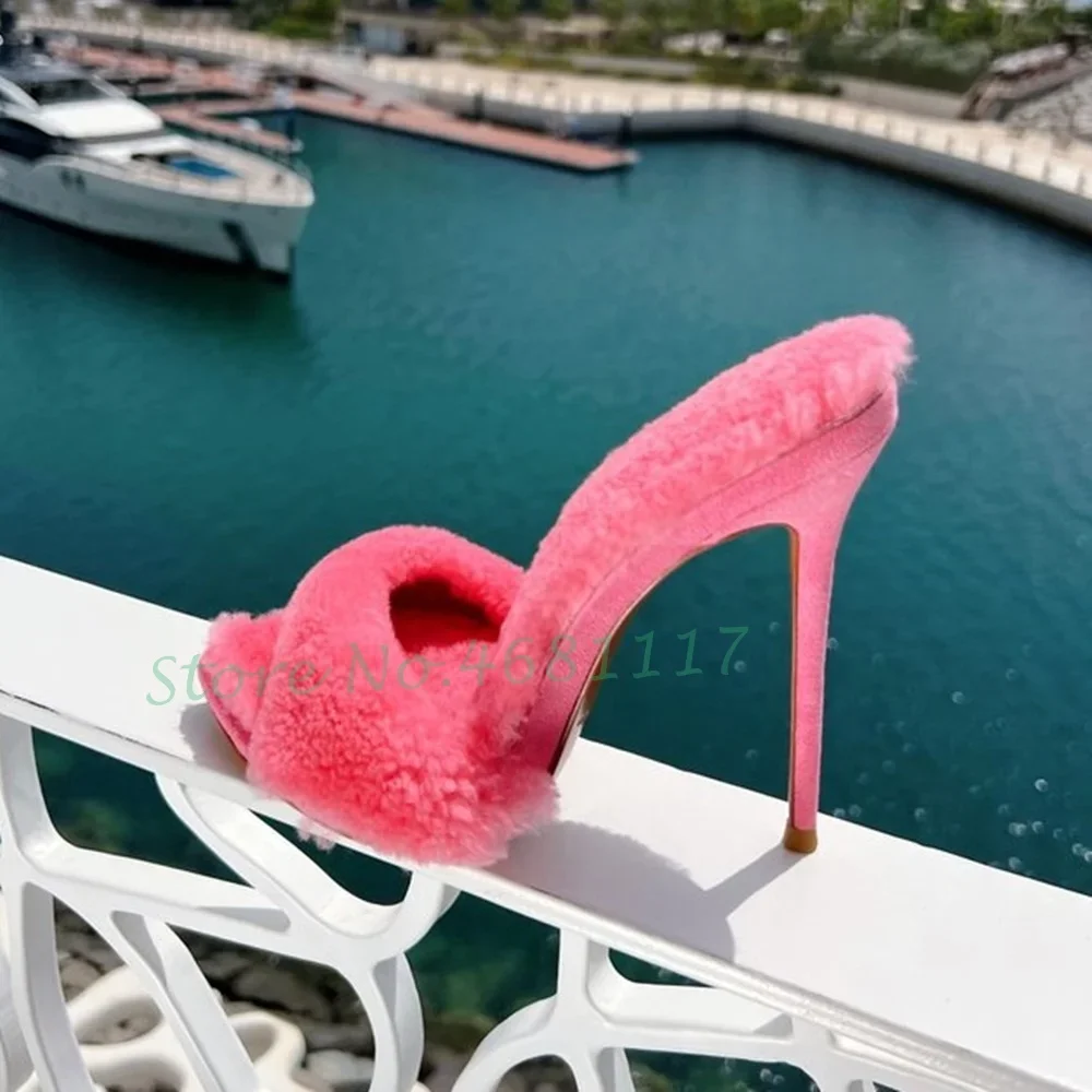 

Autumn Women Plush Slippers Bright Colors Women Soft Fur High Stiletto Heels Shoes Causal Sexy Pointy Toe Ladies Outfit Slippers