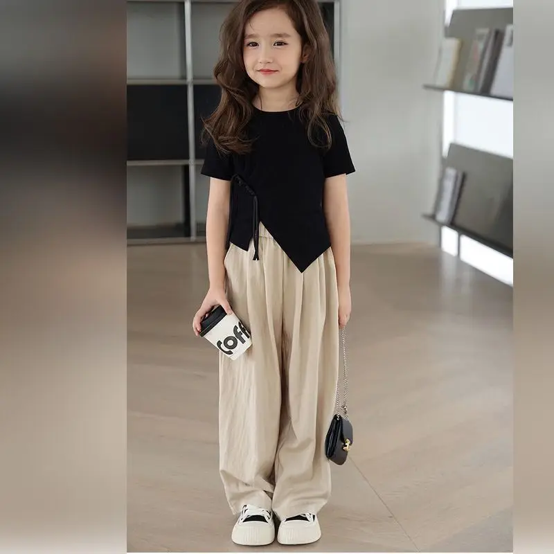 

Girls Summer Suit Short-sleeved T-shirt Summer 2024 New Style Irregular Slimming New Chinese Style Top Wide-leg Trousers