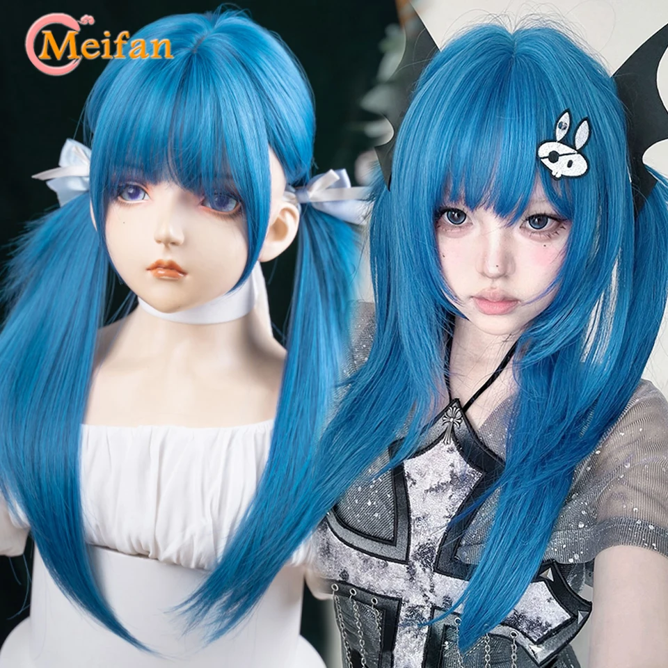 

Длинный прямой многослойный прямой синий парик с челкой, синтетический прямой парик для повседневного использования для женщин, Хэллоуин, косплей, вечеринка